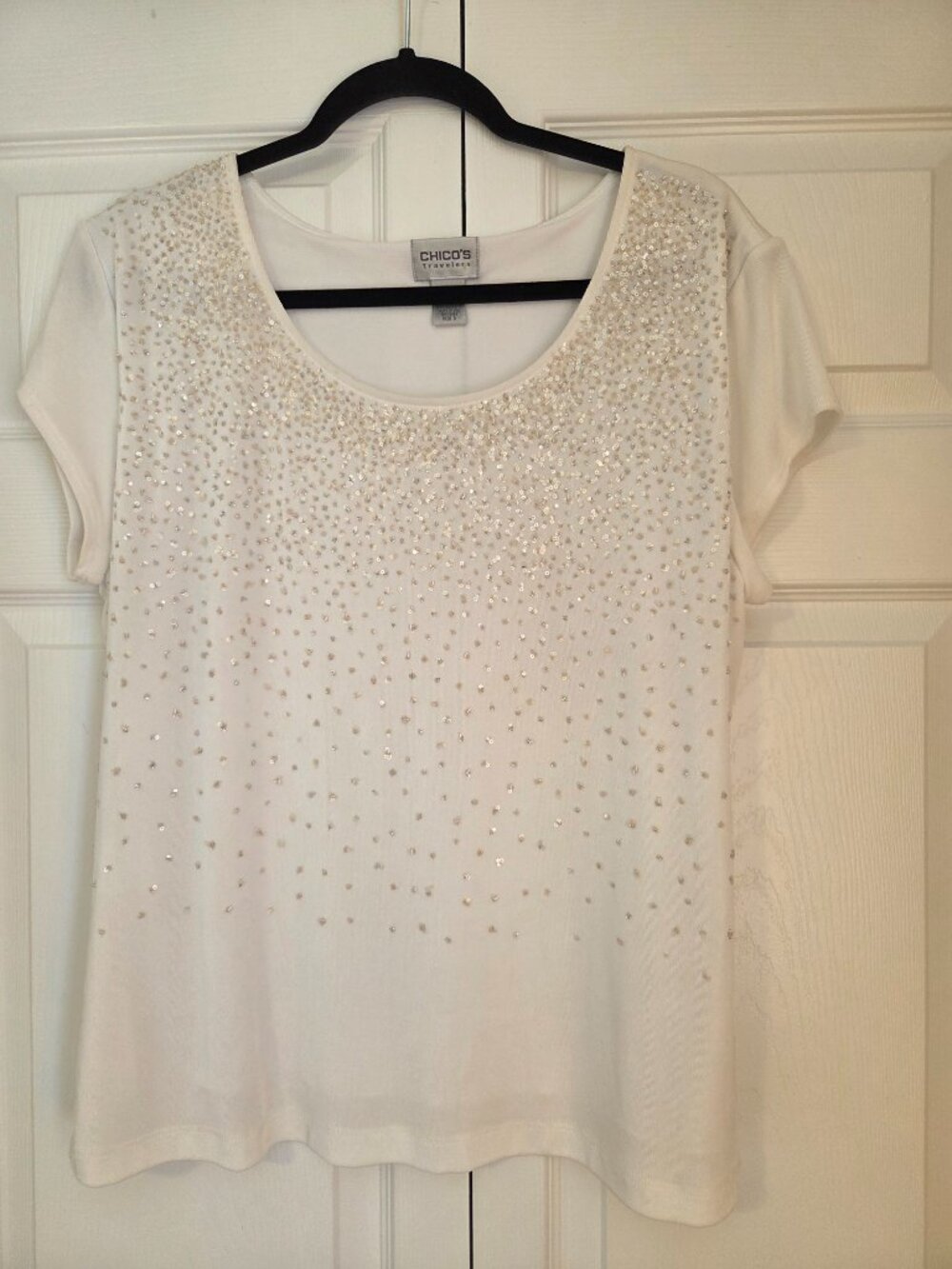 Chicos Traveler Ivory White Ombre Sequin Short Sleeve Blouse Size 3/XL/16 - Picture 7 of 7